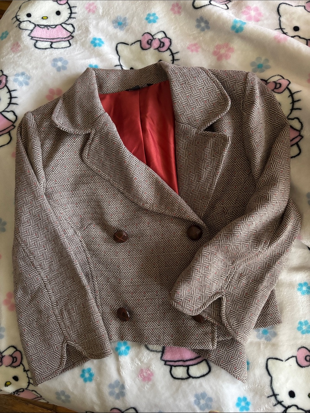 zinc Brown Textured Double-Breasted Blazer with Red Lining